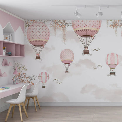 Pink Hot Air Balloons Kids Room Wallpaper