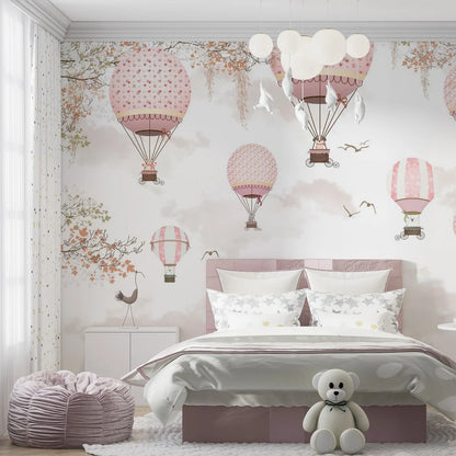 Pink Hot Air Balloons Kids Room Wallpaper