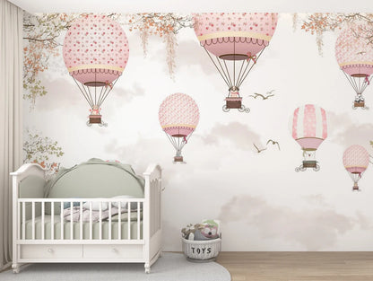 Pink Hot Air Balloons Kids Room Wallpaper