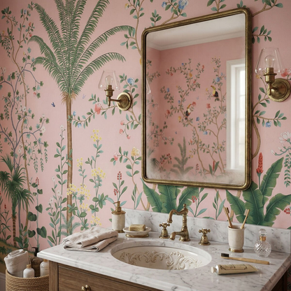 Pink Tropical Garden Wall Mural | Chinoiserie Botanical Wallpaper