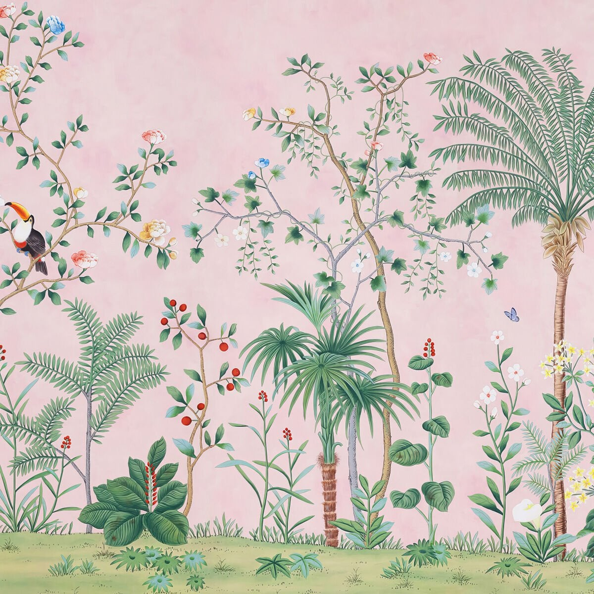 Pink Tropical Garden Wall Mural | Chinoiserie Botanical Wallpaper