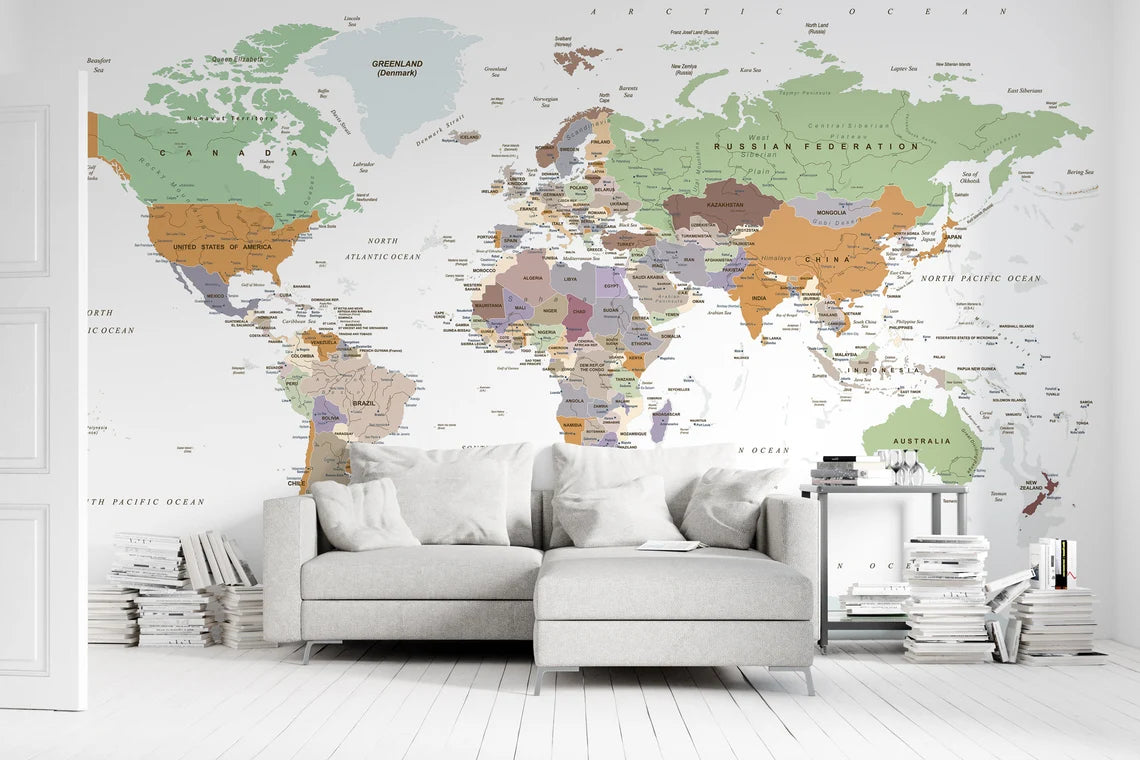 Political World Map Wallpaper Peel and Stick  Soft Map Wall Murals