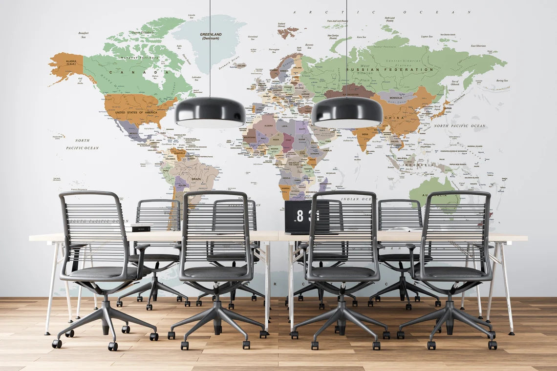 Political World Map Wallpaper Peel and Stick  Soft Map Wall Murals