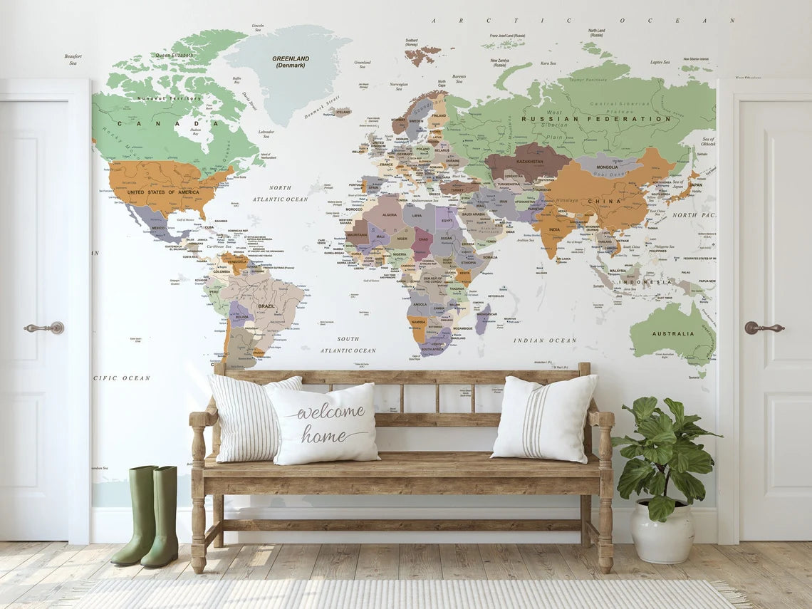 Political World Map Wallpaper Peel and Stick  Soft Map Wall Murals