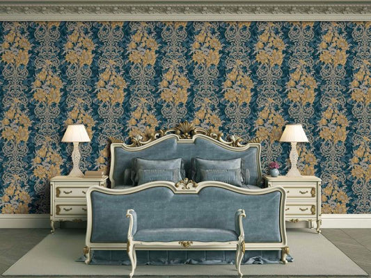 Rococo Damask Pattern Wallpaper With Floral Detail