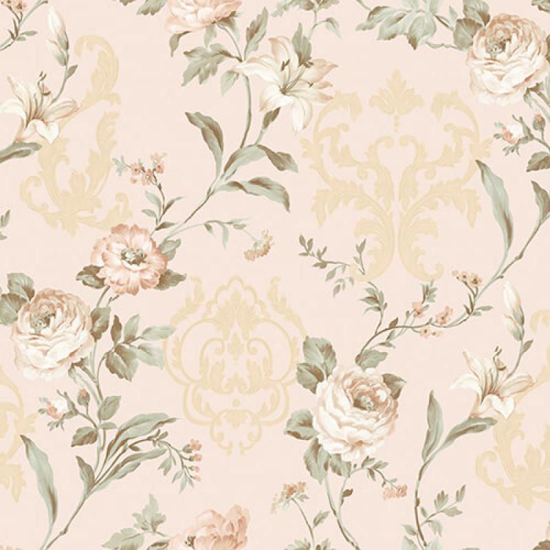 Wallpaper With Floral Damask With Blooming Roses