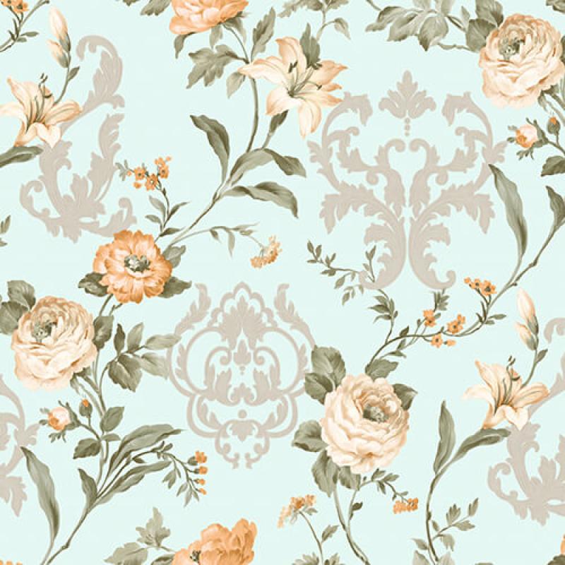 Wallpaper With Floral Damask With Blooming Roses