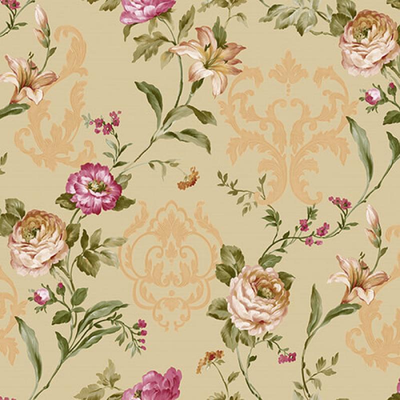 Wallpaper With Floral Damask With Blooming Roses