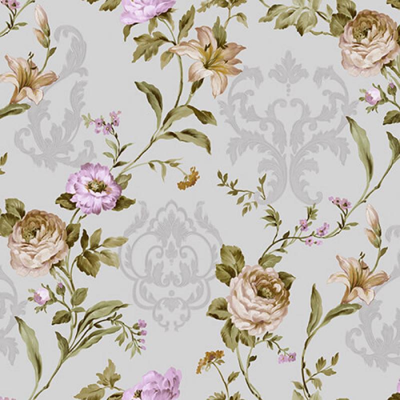 Wallpaper With Floral Damask With Blooming Roses