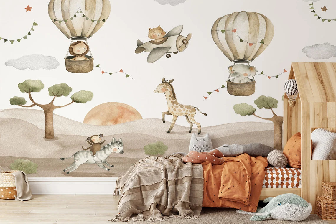 Watercolor Safari Animals Kids Wallpaper