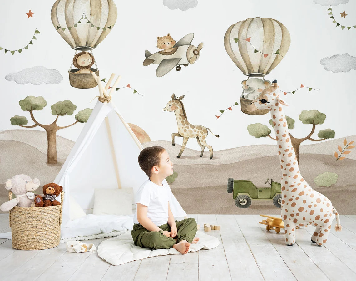Watercolor Safari Animals Kids Wallpaper