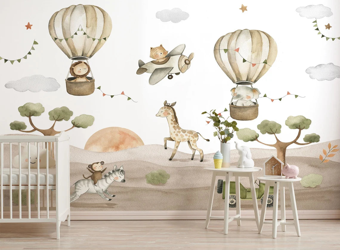 Watercolor Safari Animals Kids Wallpaper