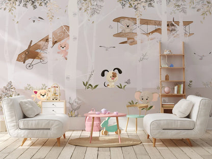 Watercolor with Cute Animals in the Forest Wallpaper