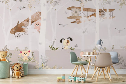 Watercolor with Cute Animals in the Forest Wallpaper