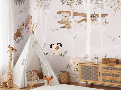 Watercolor with Cute Animals in the Forest Wallpaper