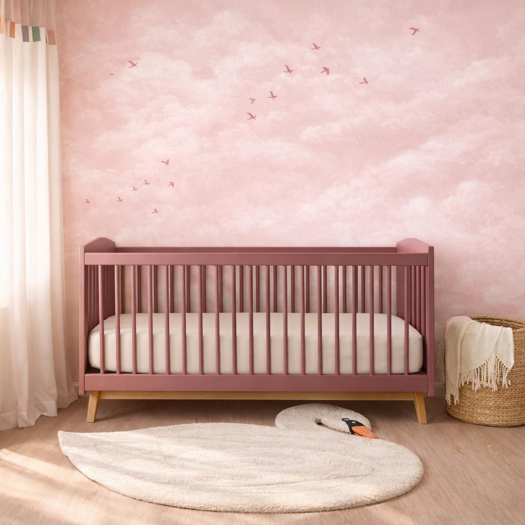 Pink Cloud & Birds Baby Girl Wallpaper | Watercolor Kids Wall Mural