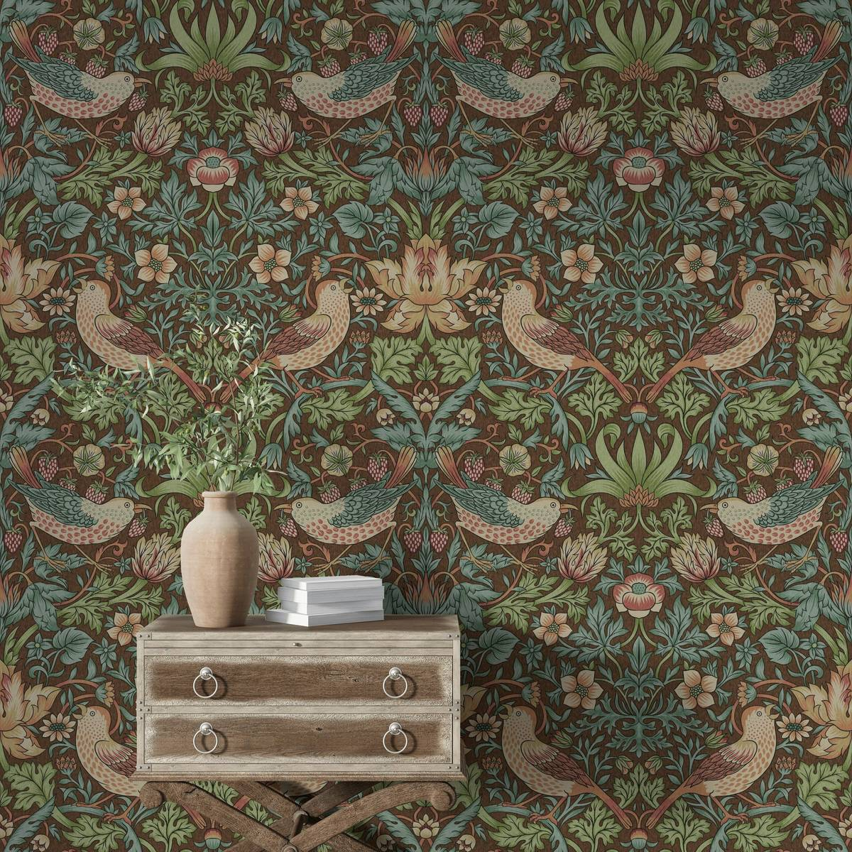 William Morris Strawberry Thief Wallpaper, Floral Birds Vintage Wall Mural