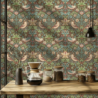 William Morris Strawberry Thief Wallpaper, Floral Birds Vintage Wall Mural