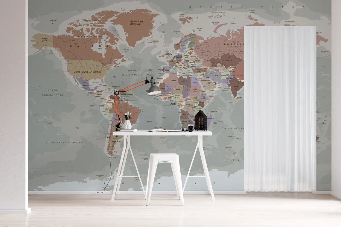 World Map Wallpaper Peel and Stick  Gray Political Map Wall Mural