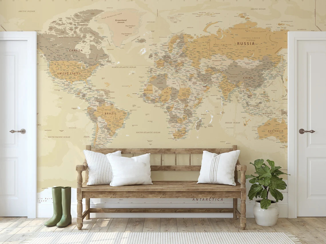 World Map Wallpaper Peel and Stick  Soft Political Map Wall Mural