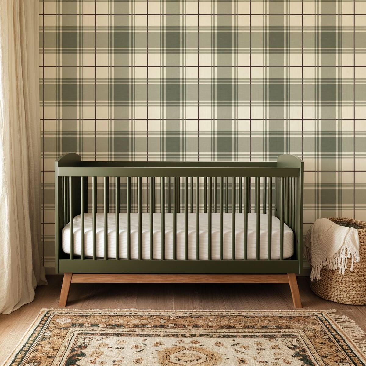 Green Plaid Wallpaper | Vintage Farmhouse Tartan Nursery Wall Mural | Peel and Stick Cottagecore Kids Wallpaper