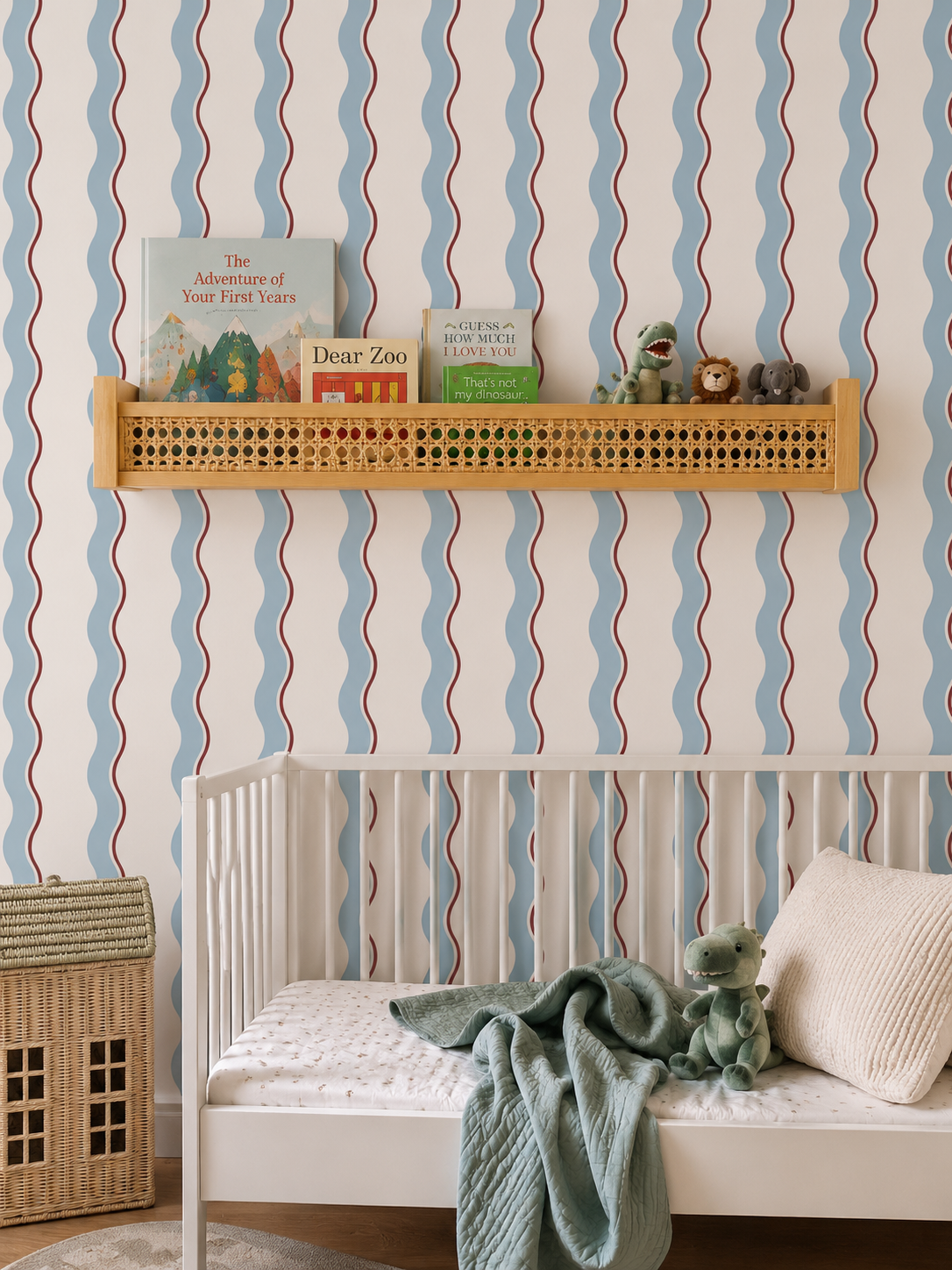 Retro Wave Stripe Wallpaper – Blue & Burgundy Wavy Line Pattern Peel and Stick Wallpaper