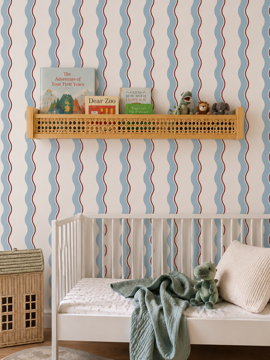 Retro Wave Stripe Wallpaper – Blue & Burgundy Wavy Line Pattern Peel and Stick Wallpaper