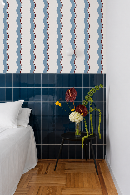 Retro Wave Stripe Wallpaper – Blue & Burgundy Wavy Line Pattern Peel and Stick Wallpaper