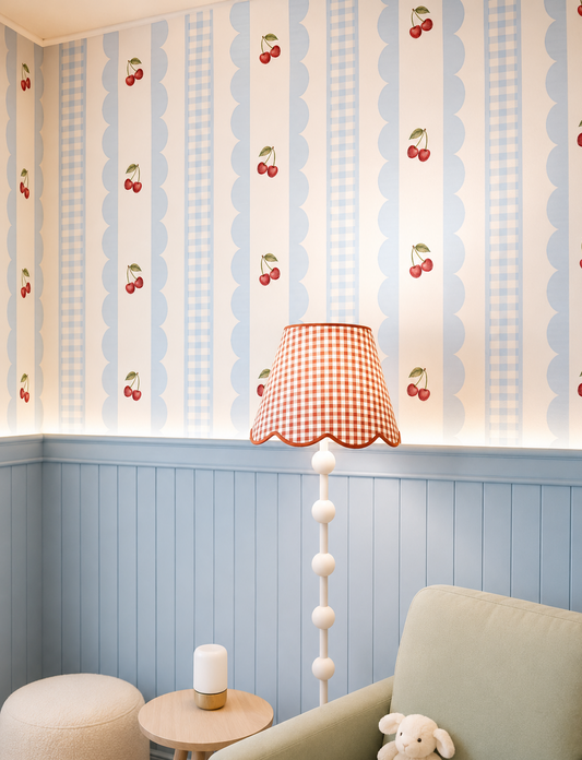 Cute Blue Cherry Stripe Kids Room Wallpaper – Cottagecore Scalloped Gingham Nursery Wallpaper |