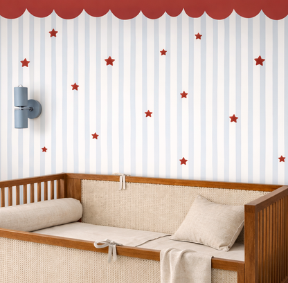 Red Ruffled and Blue Striped Wallpaper, Circus Themed Kids Room Wall Mural