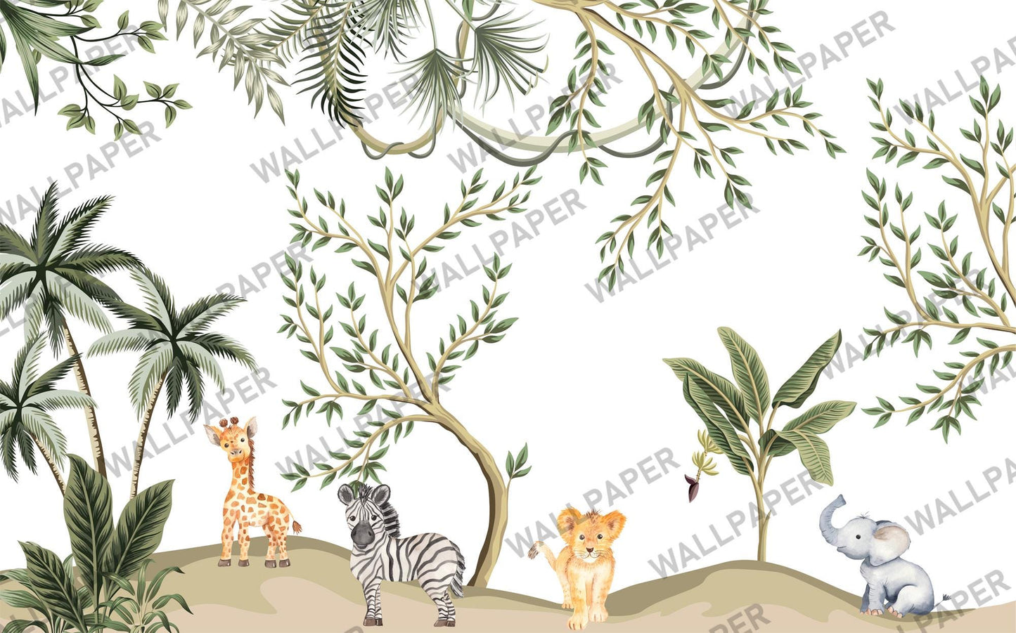 Baby Animals in Tropical Forest and IVY Wallpaper For Kidsroom, Jungle Wallpaper Nursery , Nature Childrens Wallpaper , Peel and Stick Mural