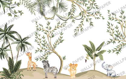 Baby Animals in Tropical Forest and IVY Wallpaper For Kidsroom, Jungle Wallpaper Nursery , Nature Childrens Wallpaper , Peel and Stick Mural