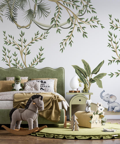 Baby Animals in Tropical Forest and IVY Wallpaper For Kidsroom, Jungle Wallpaper Nursery , Nature Childrens Wallpaper , Peel and Stick Mural