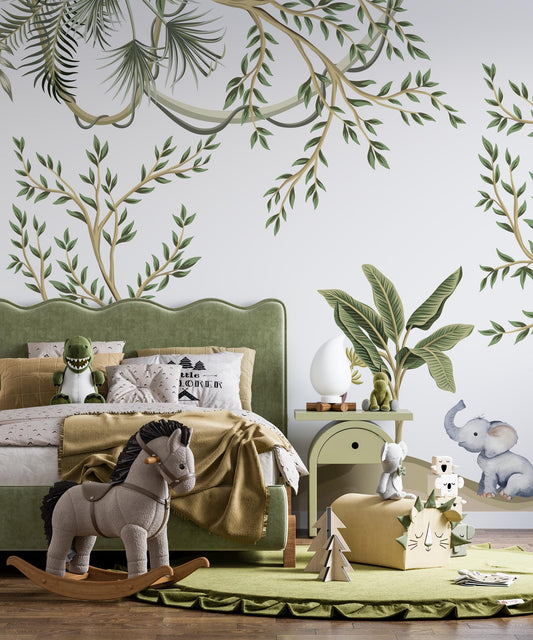 Baby Animals in Tropical Forest and IVY Wallpaper For Kidsroom, Jungle Wallpaper Nursery , Nature Childrens Wallpaper , Peel and Stick Mural