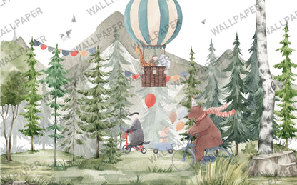 Party in the Forest Wallpaper For Kidsroom, Trees Wallpaper Nursery , Nature Childrens Wallpaper , Peel and Stick Wall Mural, Baby Wallpaper