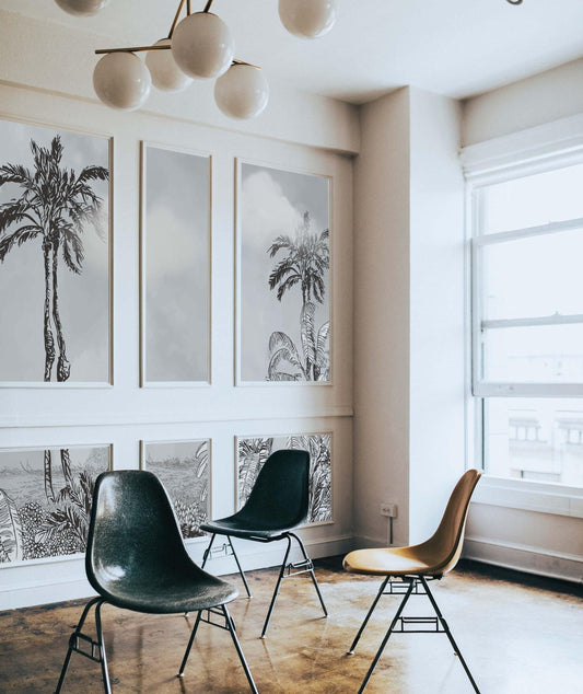 Black and White Linear Tropical Wallpaper, Gray Wallpaper, Palm Wall Mural, Peel and Stick Wallpaper, Stylish Room Design, Wall Design