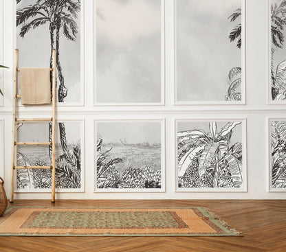 Black and White Linear Tropical Wallpaper, Gray Wallpaper, Palm Wall Mural, Peel and Stick Wallpaper, Stylish Room Design, Wall Design