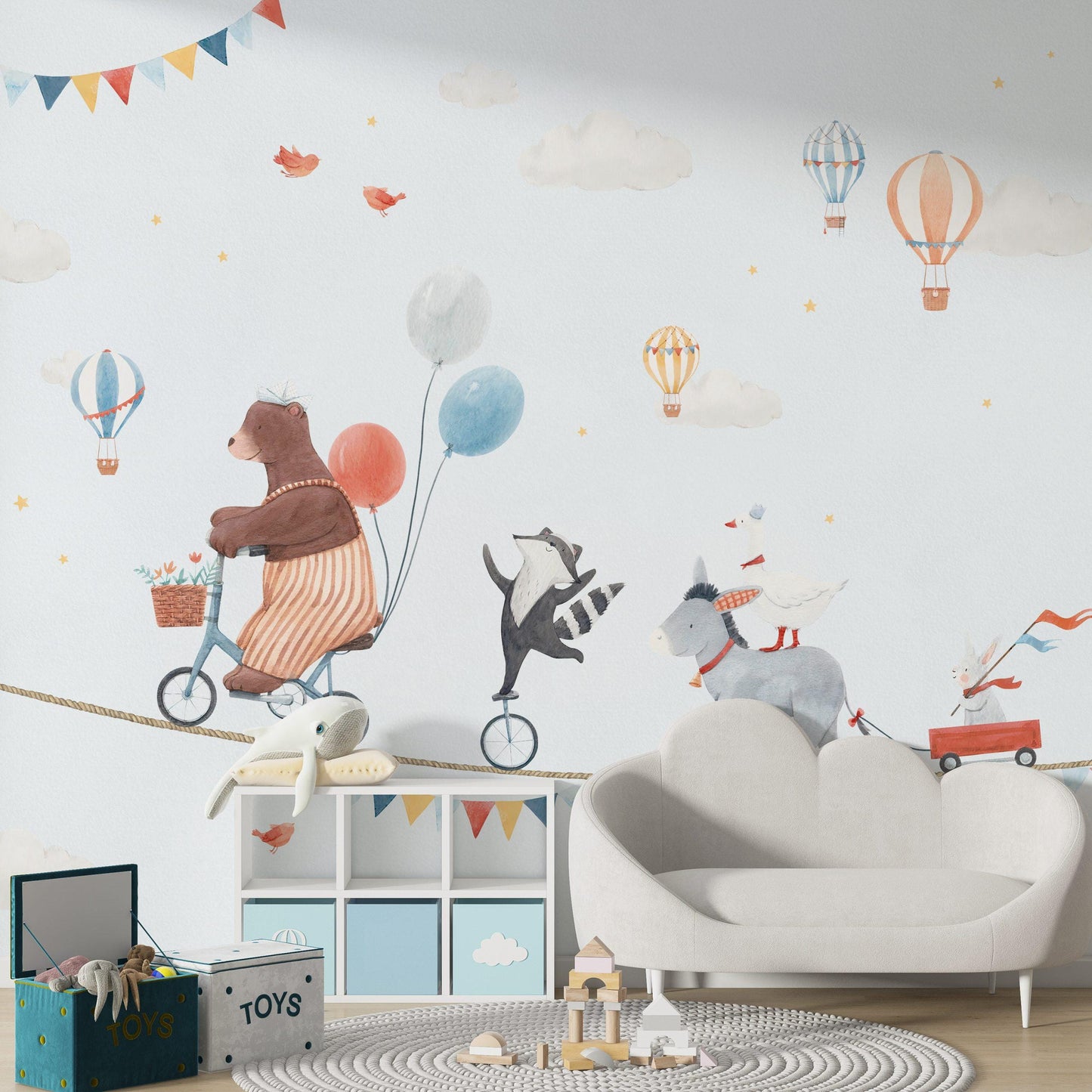 Circus Animals on Rope Wallpaper For Kidsroom, Cute Animals Wallpaper Nursery, Childrens Wallpaper , Peel and Stick Wallpaper,Baby Wallpaper