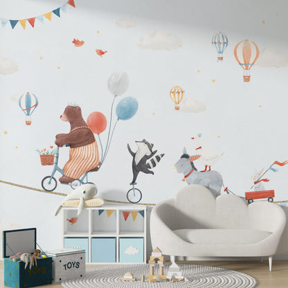 Circus Animals on Rope Wallpaper For Kidsroom, Cute Animals Wallpaper Nursery, Childrens Wallpaper , Peel and Stick Wallpaper,Baby Wallpaper