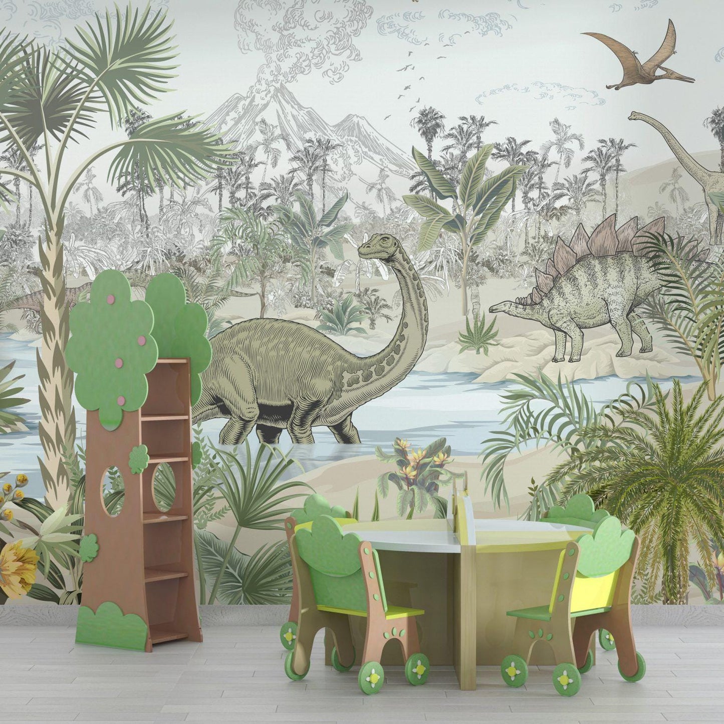 Dinosaur Wallpaper For Kidsroom, Wild Animals Wallpaper Nursery, Jungle Childrens Wallpaper, Peel and Stick Wallpaper, Baby Wallpaper