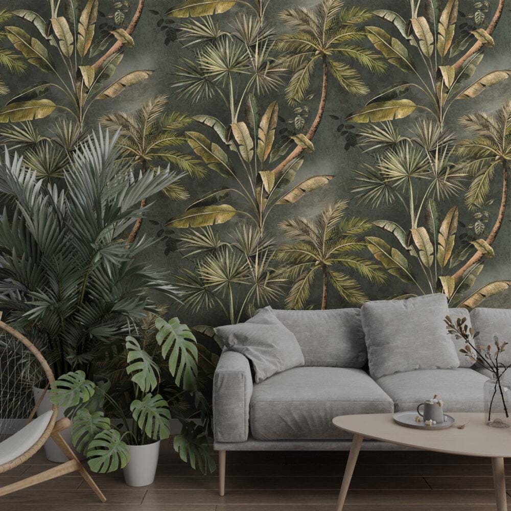 Dark Green Palm Trees And Banana Leaves Wallpaper, Bohemian Wallpaper, Leaf Mural, Peel and Stick Wallpaper, Stylish Room Design