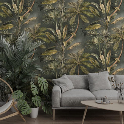 Dark Green Palm Trees And Banana Leaves Wallpaper, Bohemian Wallpaper, Leaf Mural, Peel and Stick Wallpaper, Stylish Room Design