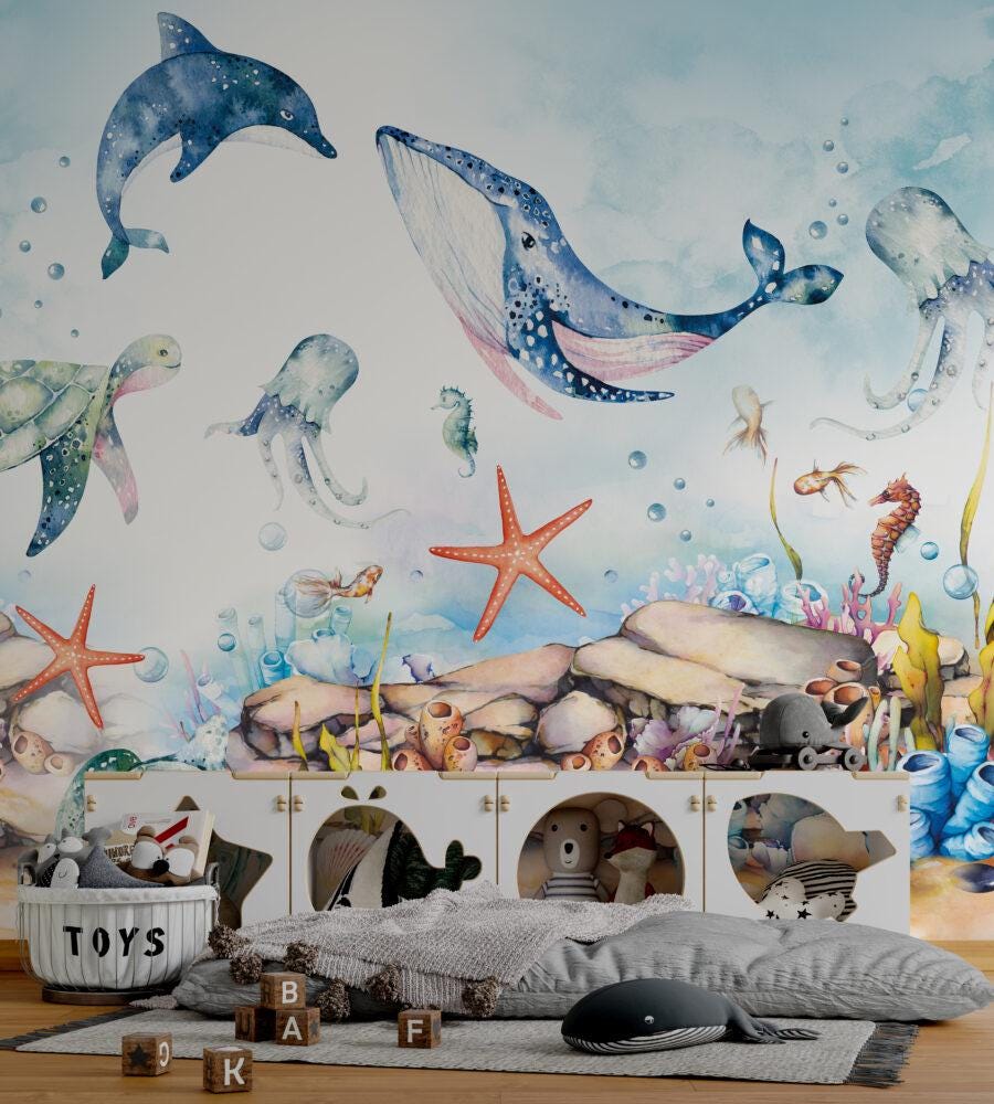 Whale and Octopus Underwater Wallpaper For Kidsroom, Sea Wallpaper Nursery, Childrens Wallpaper, Peel and Stick Wallpaper, Blue Wallpaper