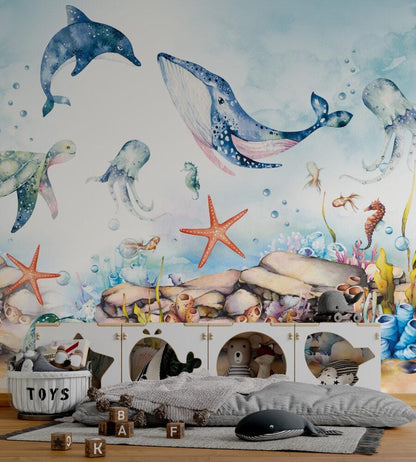 Whale and Octopus Underwater Wallpaper For Kidsroom, Sea Wallpaper Nursery, Childrens Wallpaper, Peel and Stick Wallpaper, Blue Wallpaper
