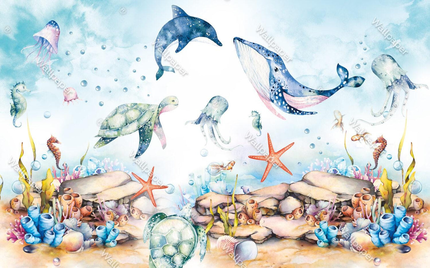 Whale and Octopus Underwater Wallpaper For Kidsroom, Sea Wallpaper Nursery, Childrens Wallpaper, Peel and Stick Wallpaper, Blue Wallpaper