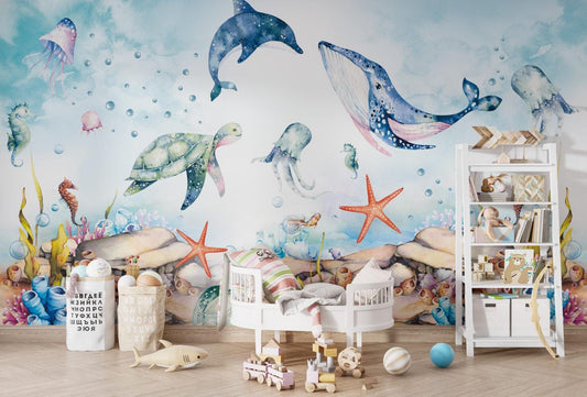 Whale and Octopus Underwater Wallpaper For Kidsroom, Sea Wallpaper Nursery, Childrens Wallpaper, Peel and Stick Wallpaper, Blue Wallpaper