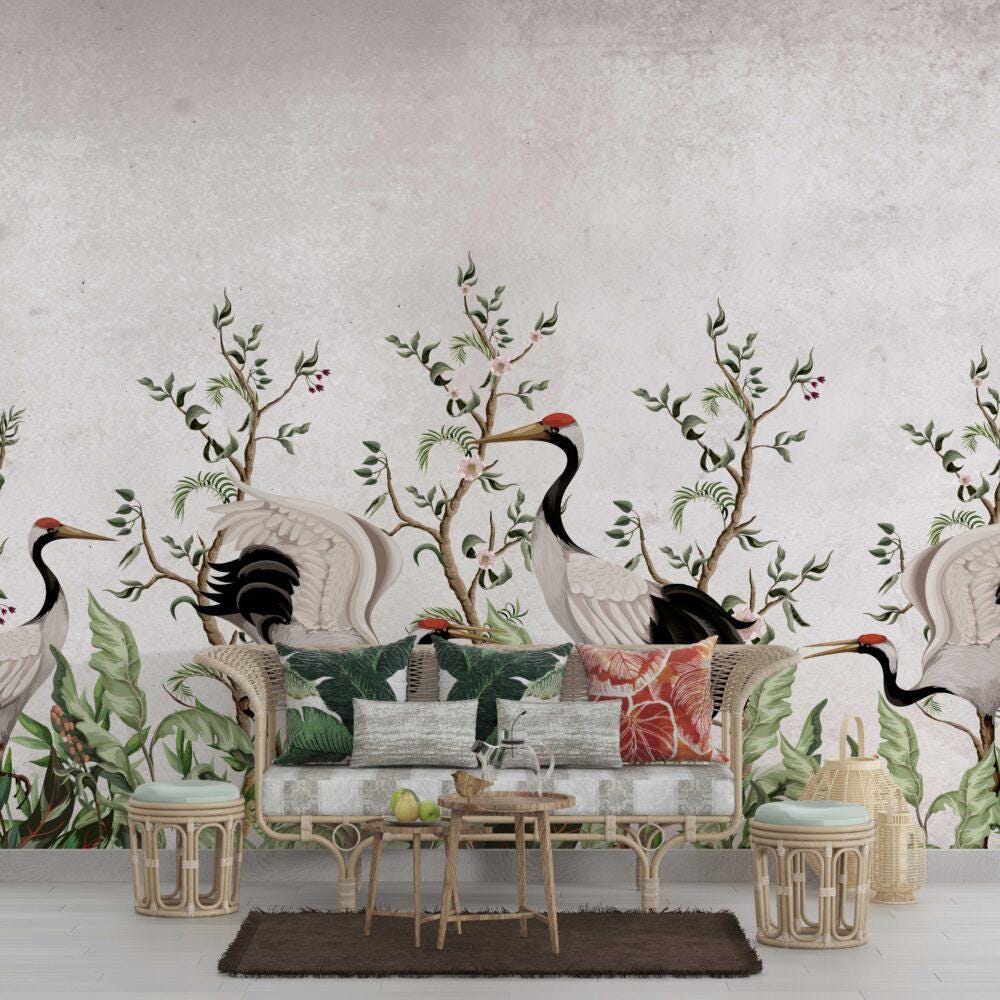 Crane Bird Among The Trees Wallpaper, Bohemian Wallpaper, Nature Mural, Peel and Stick Wallpaper, Stylish Room Design, Tropical Wallpaper