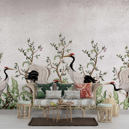 Crane Bird Among The Trees Wallpaper, Bohemian Wallpaper, Nature Mural, Peel and Stick Wallpaper, Stylish Room Design, Tropical Wallpaper