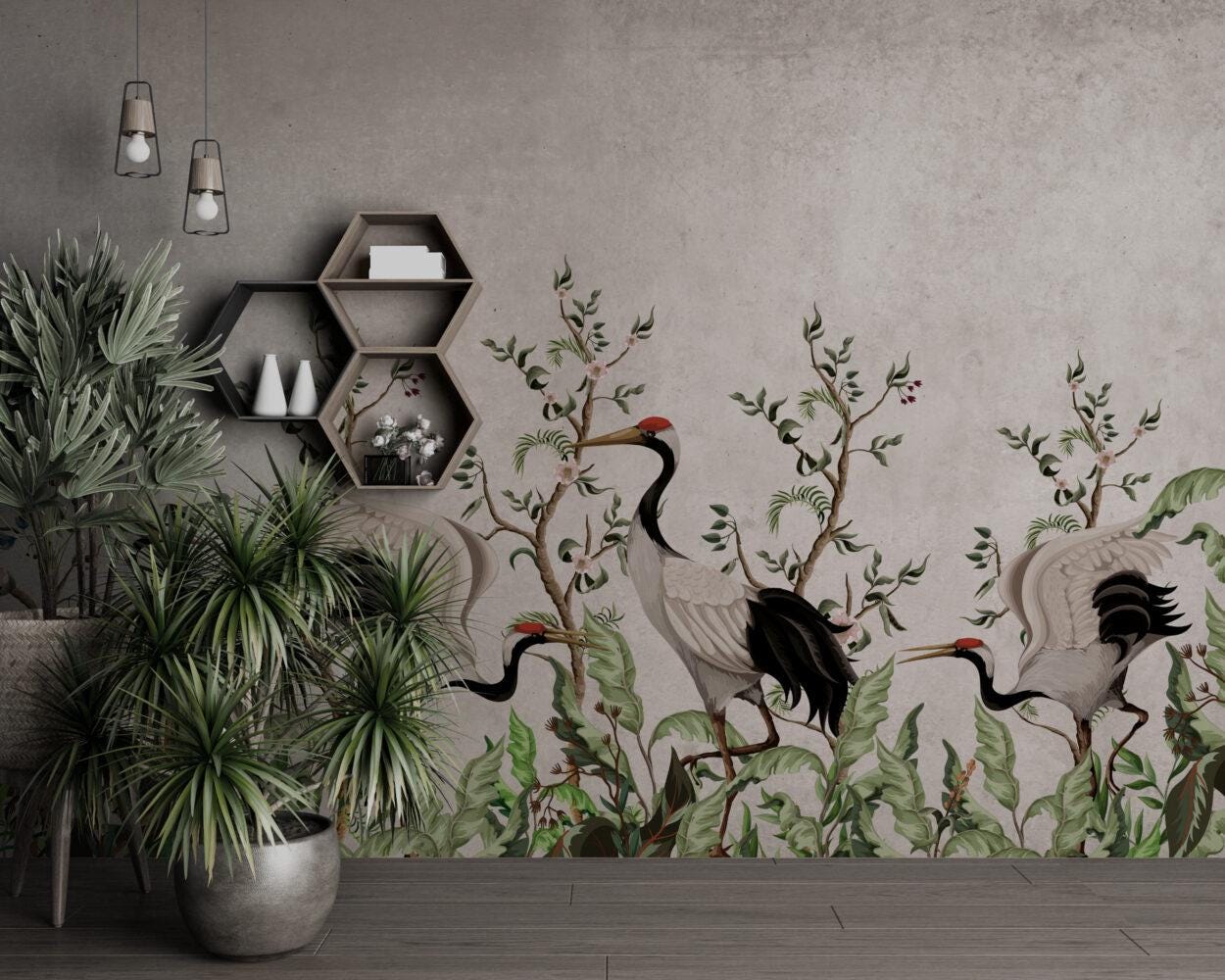 Crane Bird Among The Trees Wallpaper, Bohemian Wallpaper, Nature Mural, Peel and Stick Wallpaper, Stylish Room Design, Tropical Wallpaper