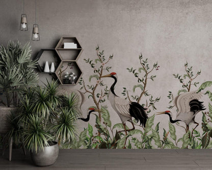 Crane Bird Among The Trees Wallpaper, Bohemian Wallpaper, Nature Mural, Peel and Stick Wallpaper, Stylish Room Design, Tropical Wallpaper